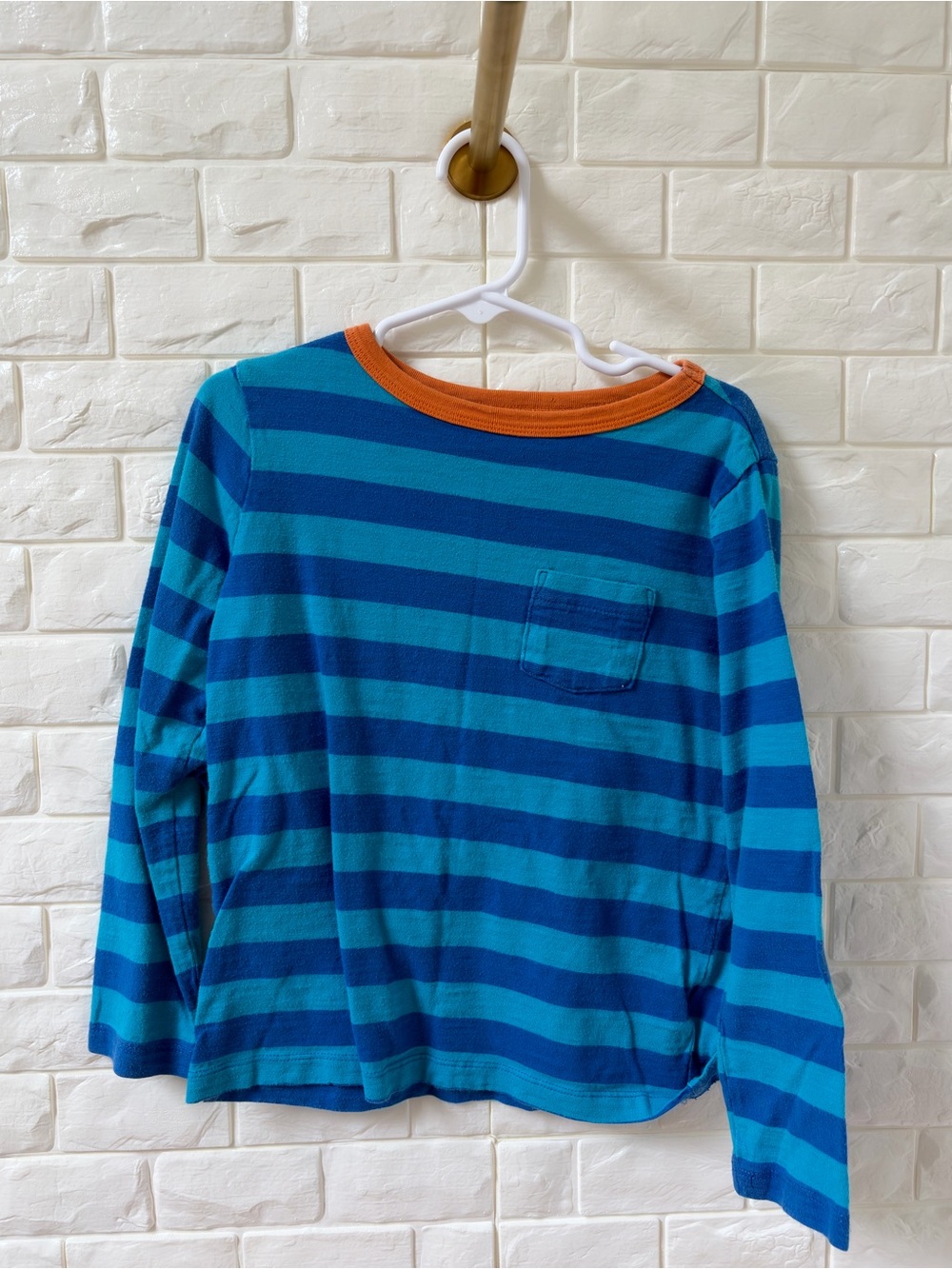 Lands' End Blue Striped Long-Sleeve Tee with Orange Neckline